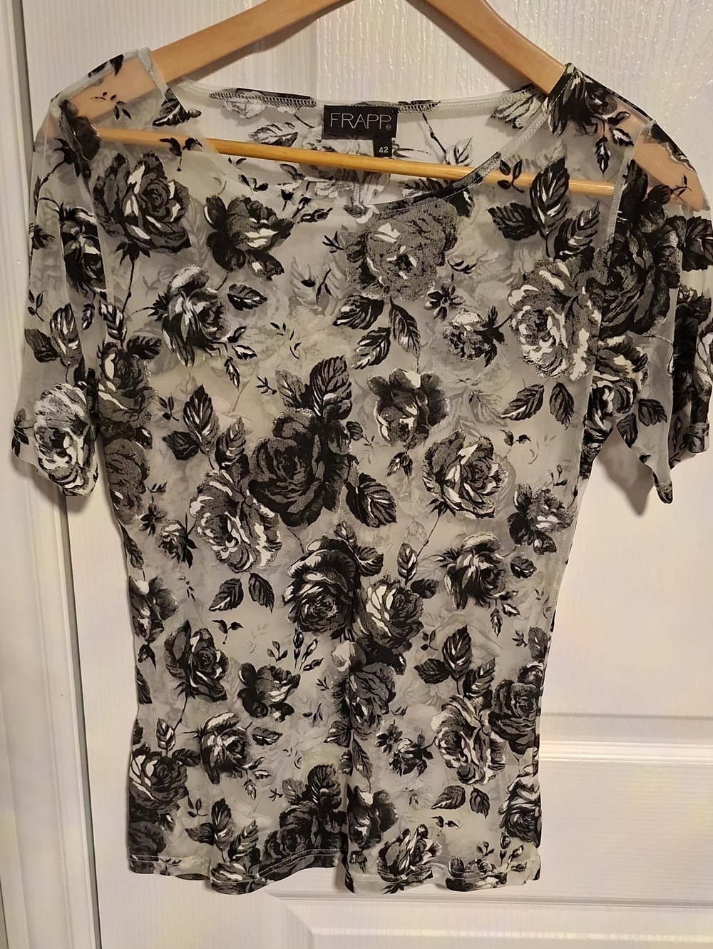 Frapp Black & Gray Floral Sheer Short Sleeve Top